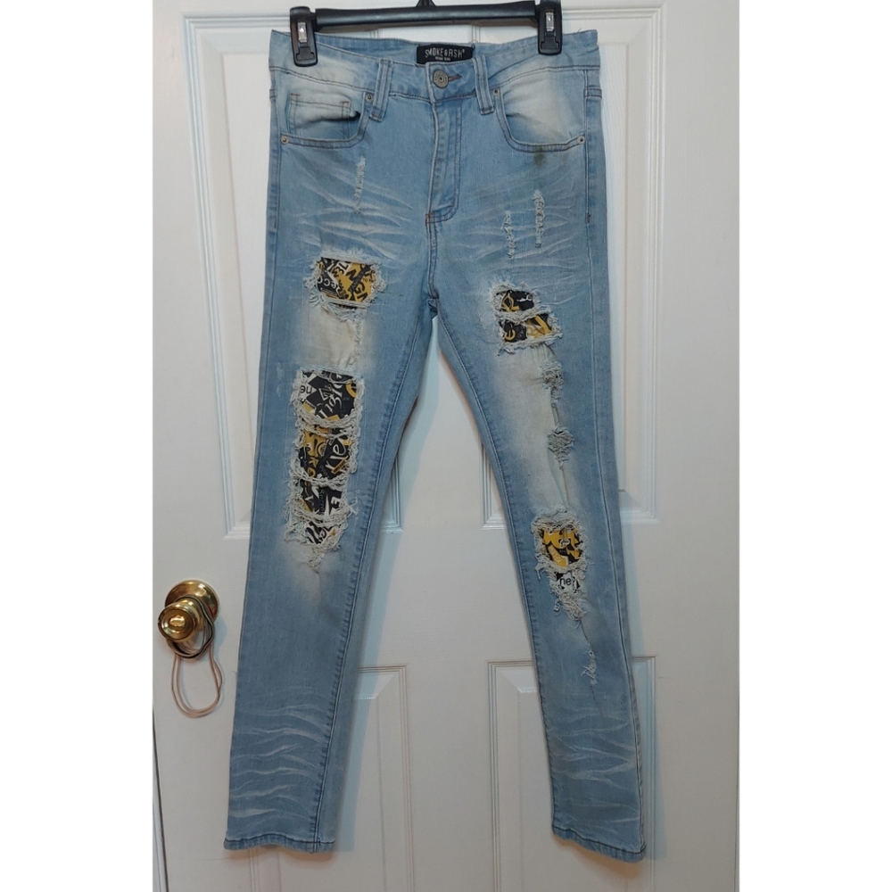 Smoke & Ash Distressed Patchwork Holes Slim Skinny Jeans Streetwear Size 29x30